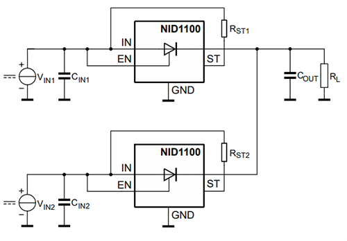 Schéma du circuit d'application - Nexperia Diode idéale à faible chute de tension directe NID1100